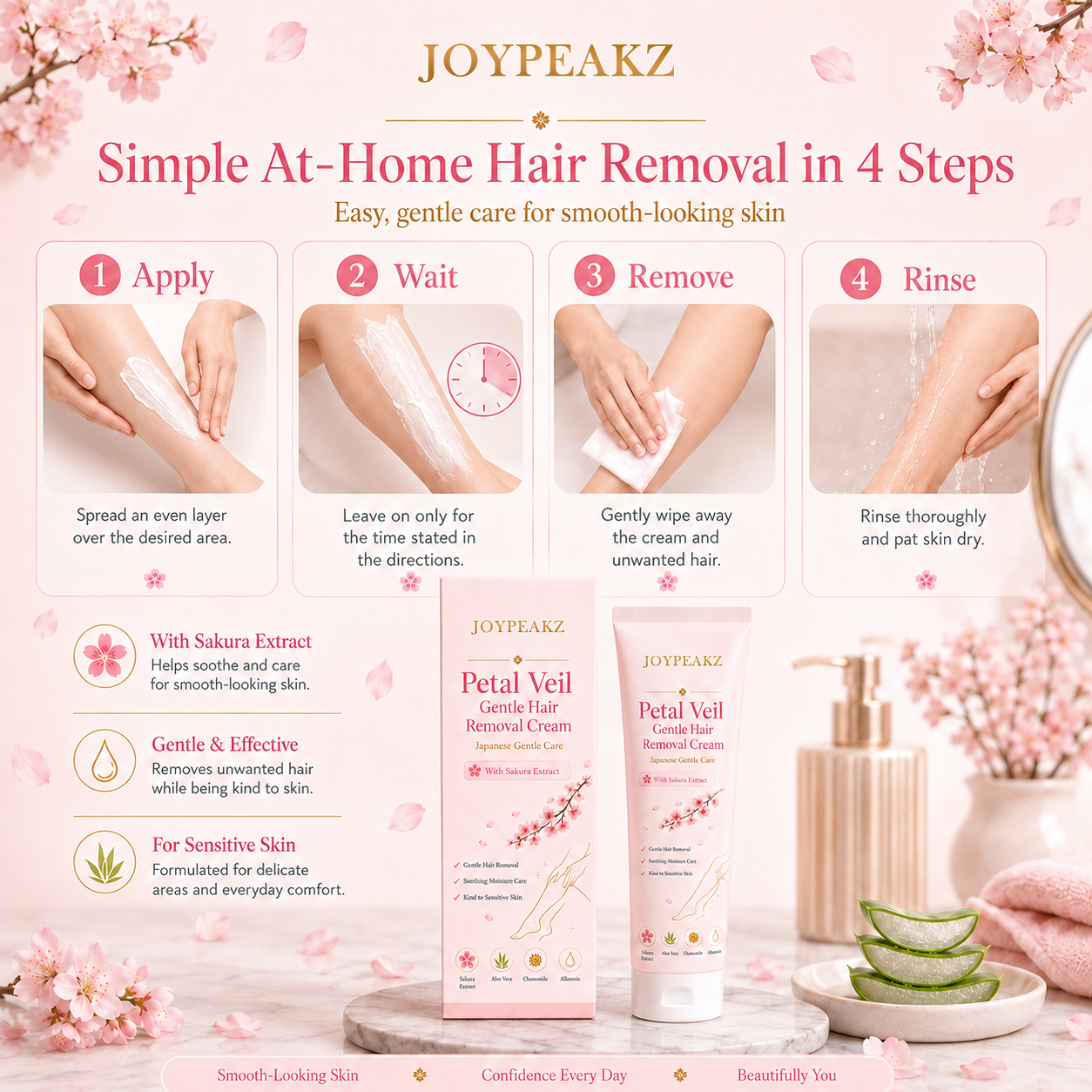 JoyPeakz™ Petal Veil Gentle Hair Removal Cream | For Women & Men, Sensitive Skin