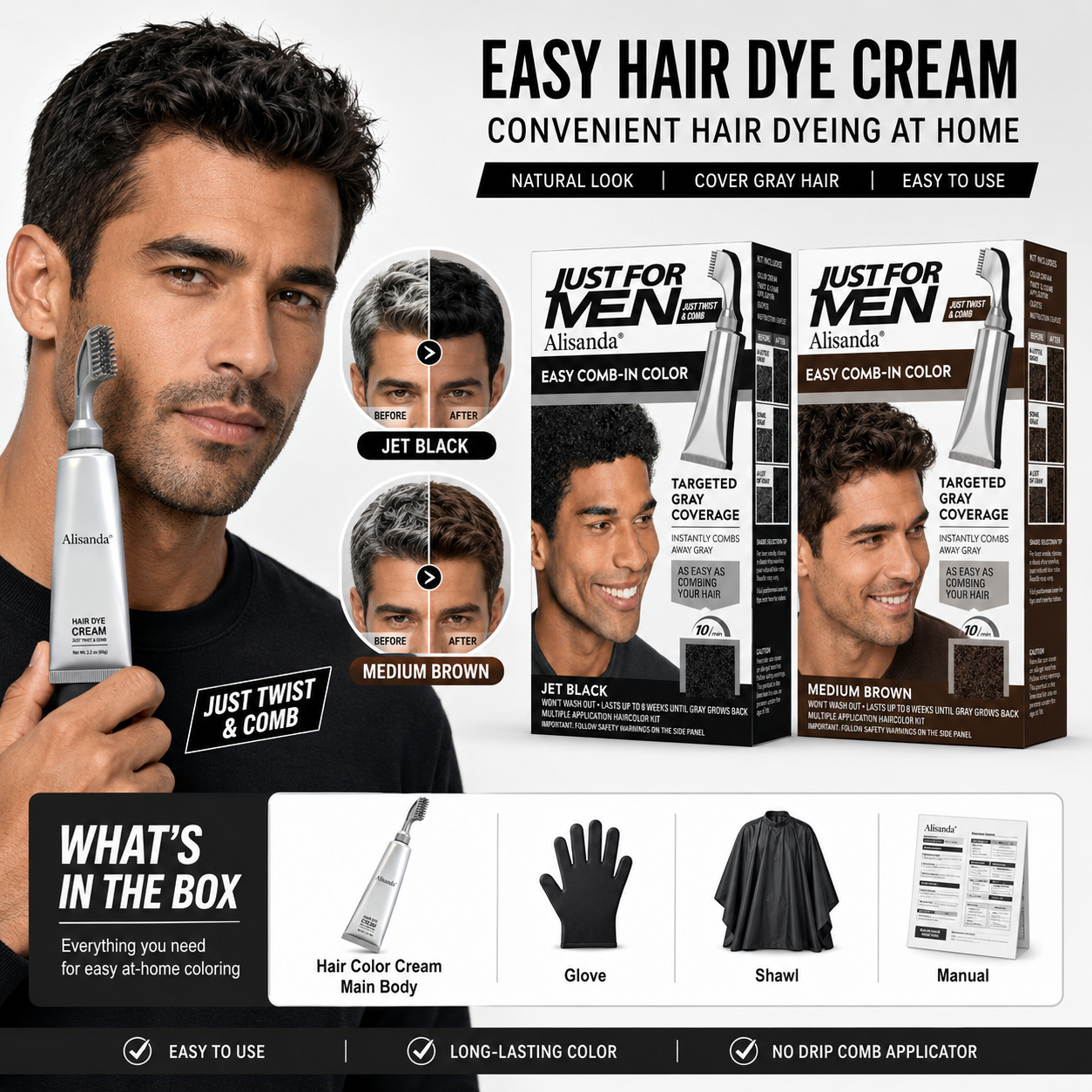 Final 3 hours 75% off🔥Men's Brush-Comb Hair Color Cream for Gray Coverage